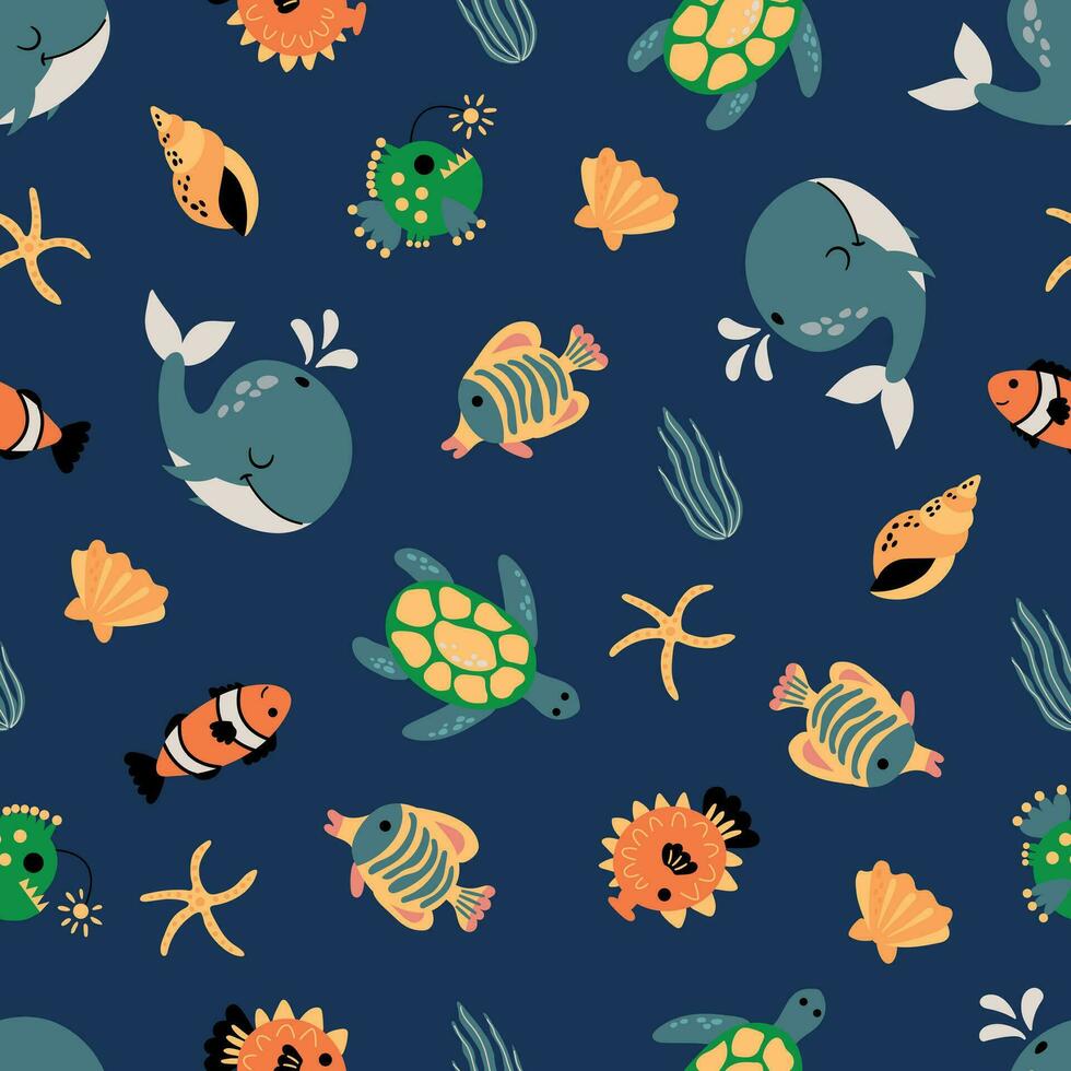 Seamless pattern with sea animals. Whale, turtle, fish, lantern fish. vector