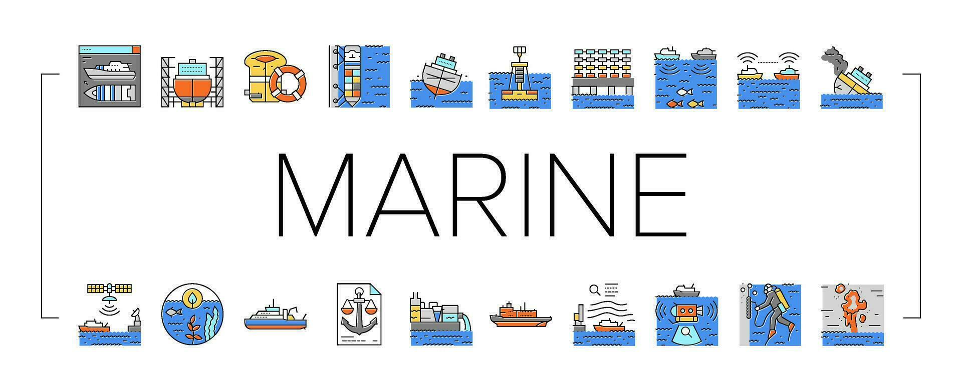 marina ingeniero barco mecánico íconos conjunto vector