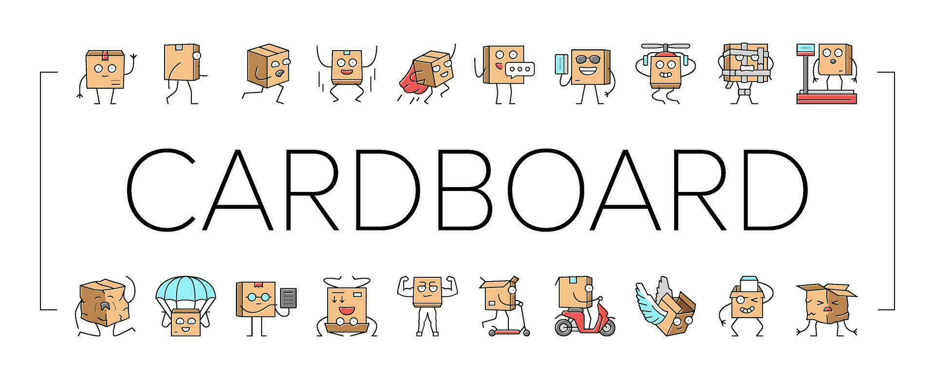 cardboard character box package icons set vector