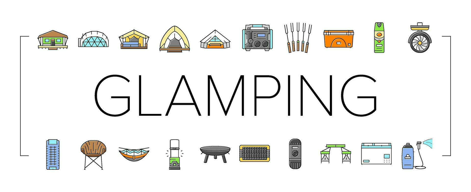 glamping tent nature luxury icons set vector