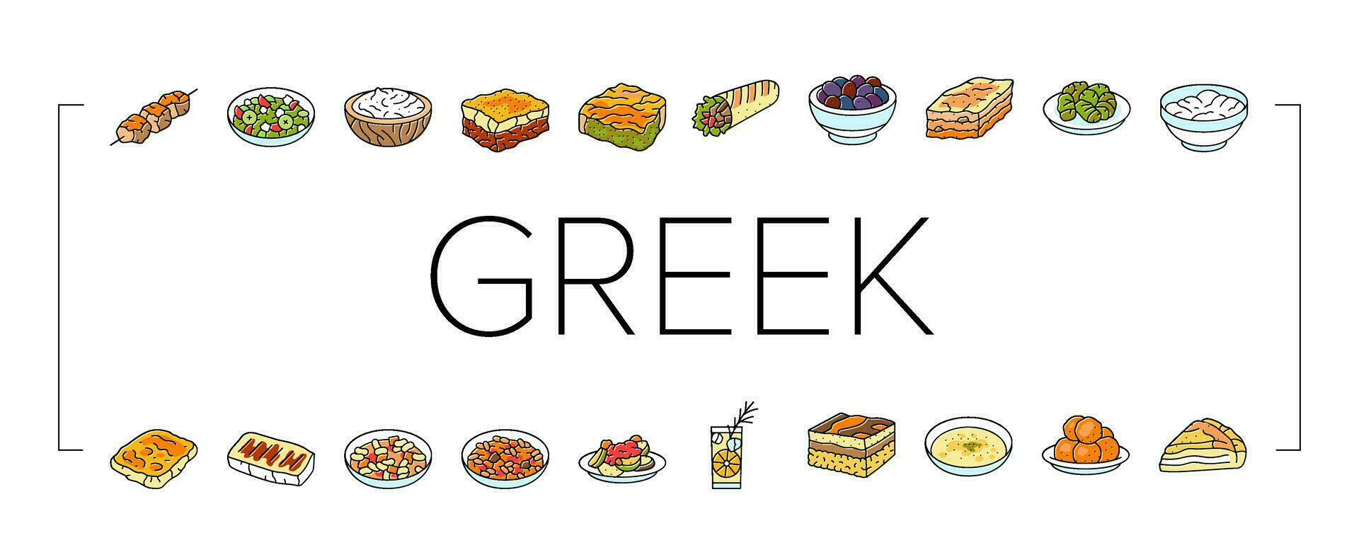 greek cuisine food lunch icons set vector