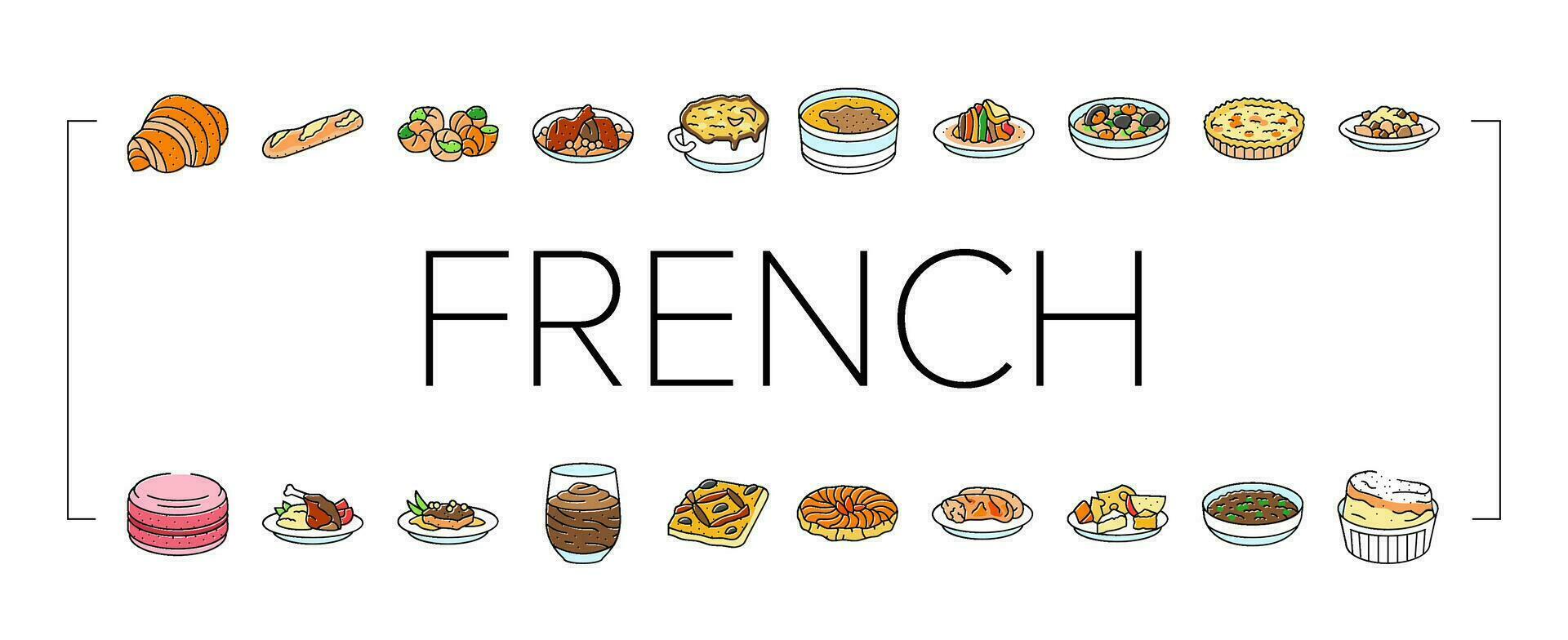 french cuisine food meal icons set vector