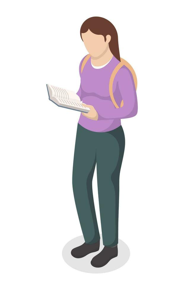 Girl stands and reads a book. Education hobby concept vector illustration.