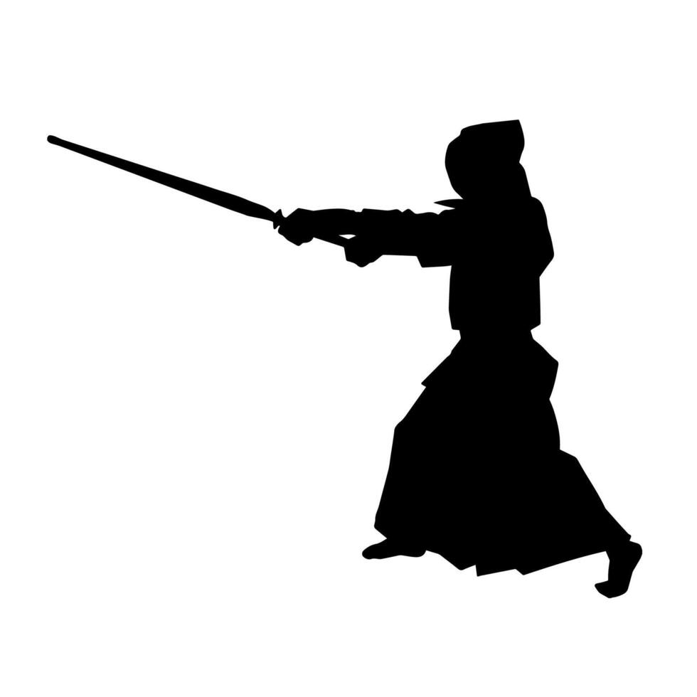 Silhouette of a sword warrior in action pose. Silhouette of a martial art person carrying sword weapon. Silhouette of kendo martial art pose. vector