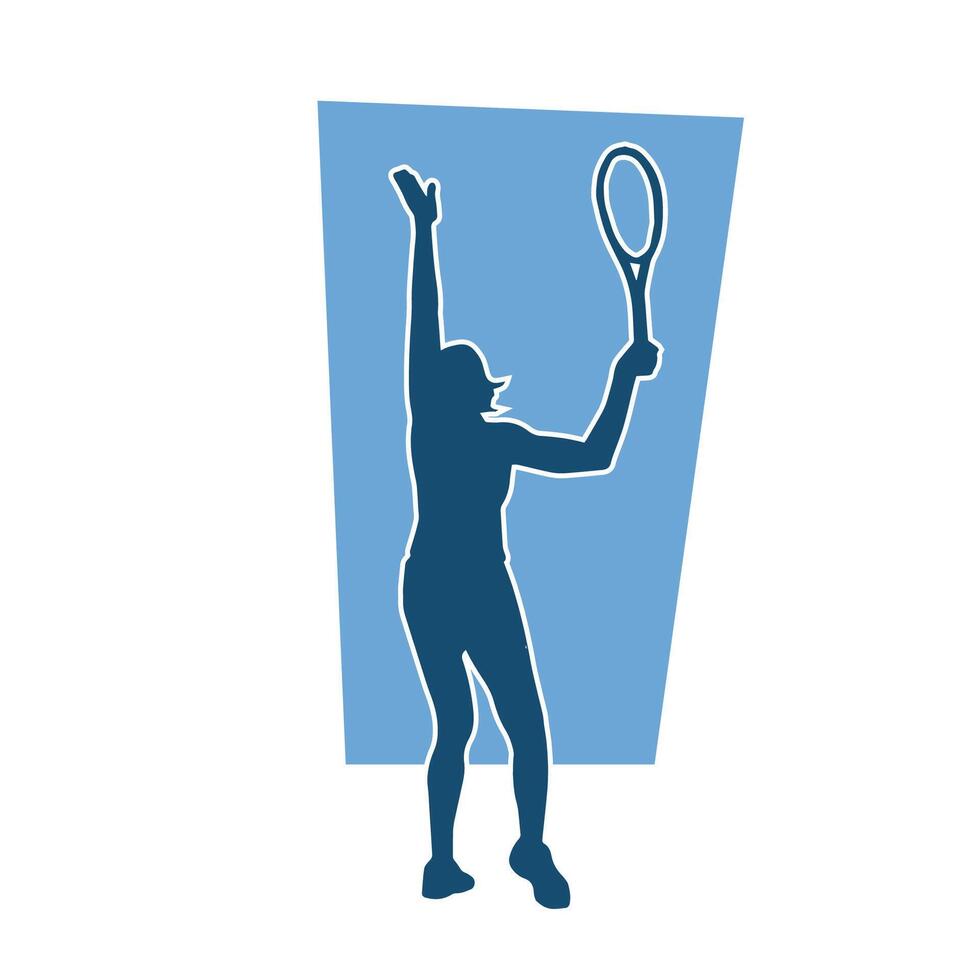 Silhouette of a female tennis player in action pose. Silhouette of a woman playing tennis sport with racket. vector