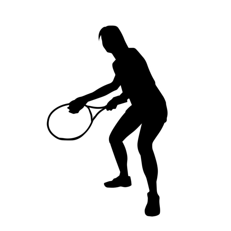 Silhouette of a male tennis player in action pose. Silhouette of a man playing tennis sport with racket. vector