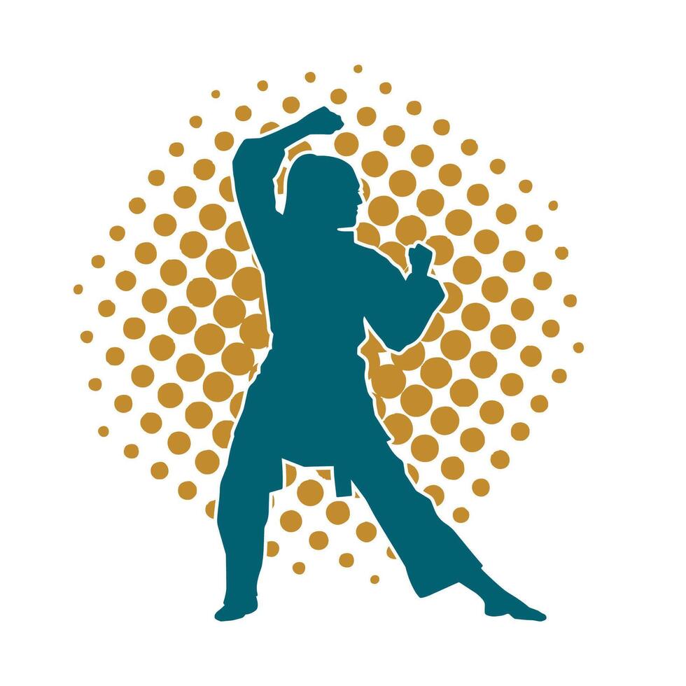 Silhouette of a slim female doing martial art pose. Silhouette of a martial art woman in action pose. vector