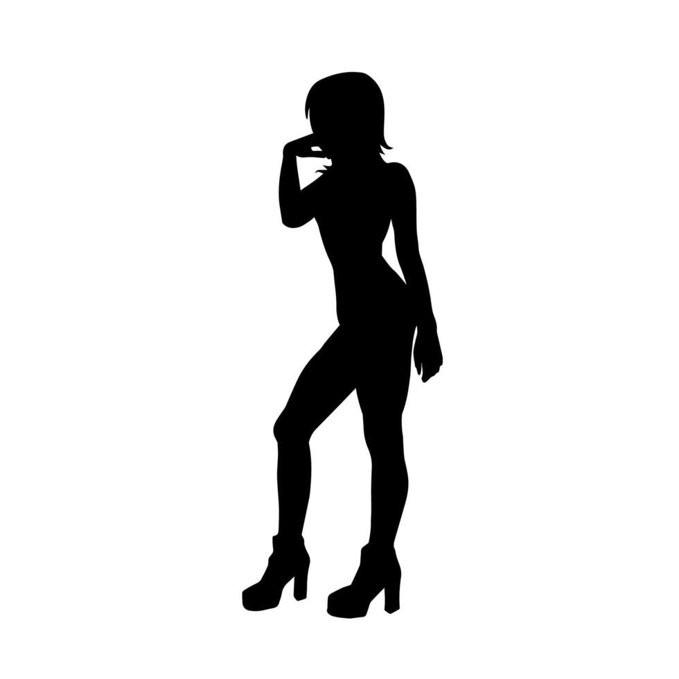 Silhouette of a young slim female model in tight outfit. Silhouette of a slim woman in feminine pose. vector