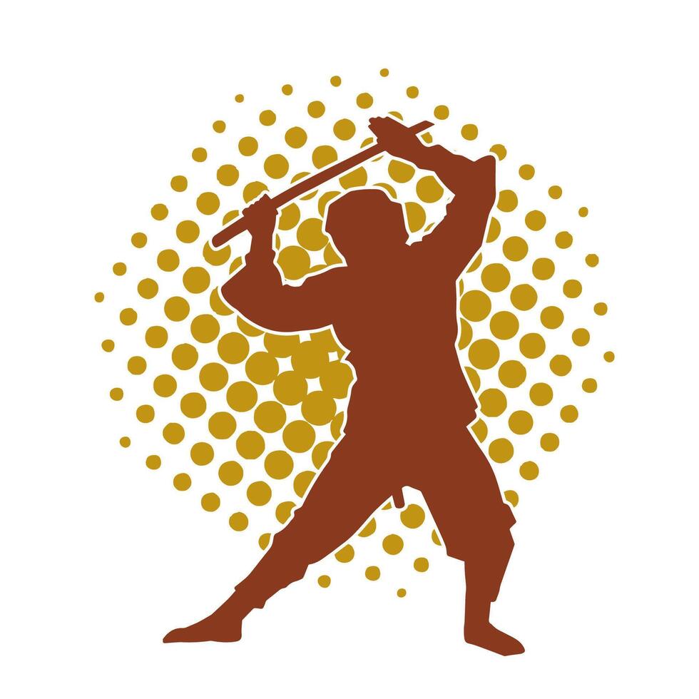 Silhouette of a male fighter in martial art costume carrying samurai sword weapon. vector