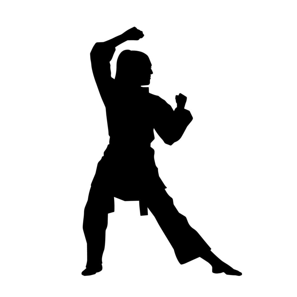 Silhouette of a slim female doing martial art pose. Silhouette of a martial art woman in action pose. vector