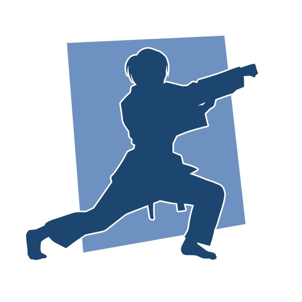 Silhouette of a slim female doing martial art pose. Silhouette of a martial art woman in action pose. vector