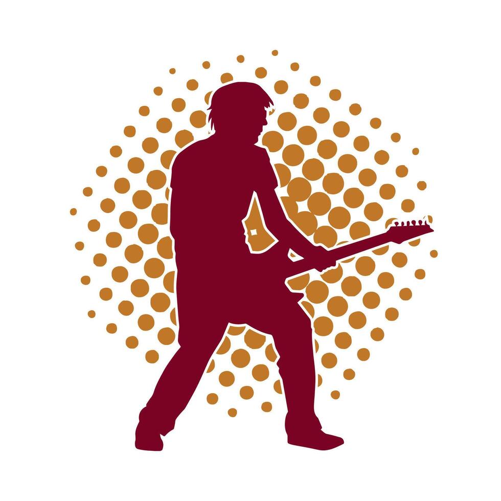 Silhouette of a musician playing electric guitar musical instrument. Silhouette of a male guitar player performing. vector