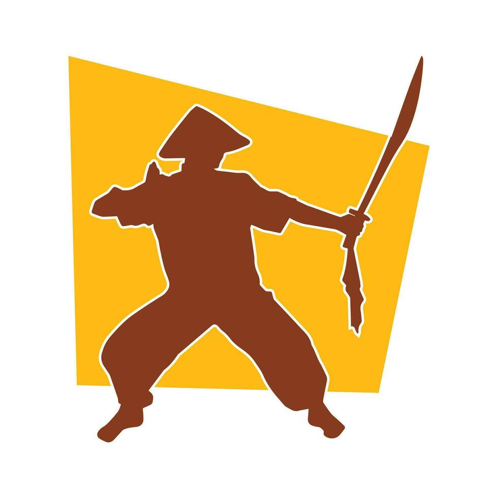 Silhouette of a kungfu or wushu martial art athlete in action pose. Silhouette of a male martial art person in pose with swords weapon. vector