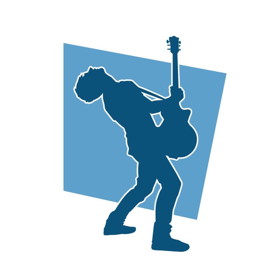 Silhouette of a musician playing electric guitar musical instrument. Silhouette of a male guitar player performing. vector