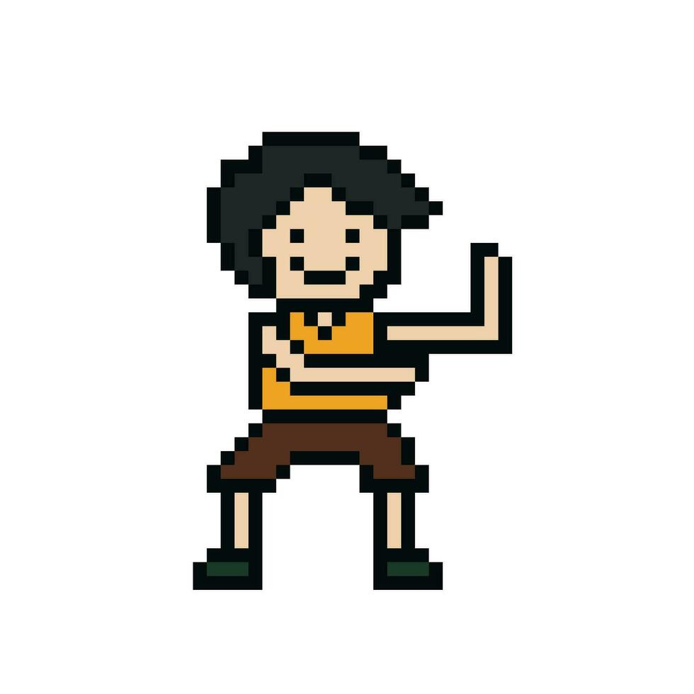 Cute pixel cartoon 8bit character man exercises training alone lifestyle vector for decoration life style 8 bit male boy exercise gym fitness warm up vector.