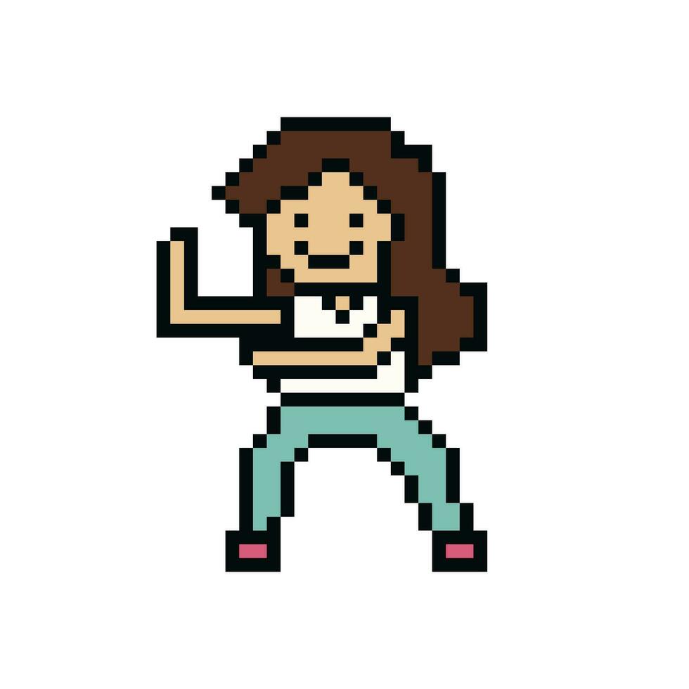 Cute pixel cartoon 8bit character woman exercises training alone lifestyle vector for decoration life style 8 bit female dance exercise gym fitness warm up vector.