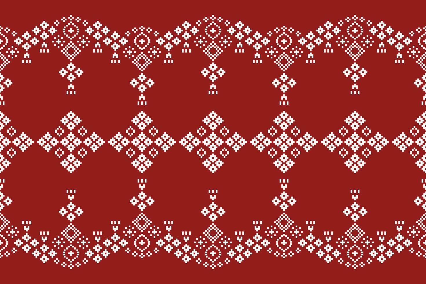 Ethnic geometric fabric pattern Cross Stitch.Ikat embroidery Ethnic oriental Pixel pattern red christmas day background. Abstract,vector,illustration. Texture,frame,decoration,motifs,silk wallpaper. vector