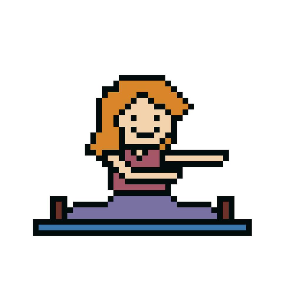 Cute pixel cartoon 8bit character woman aerobic yoga exercises training lifestyle vector for decoration life style 8 bit female girl exercise gym yoga fitness warm vector.