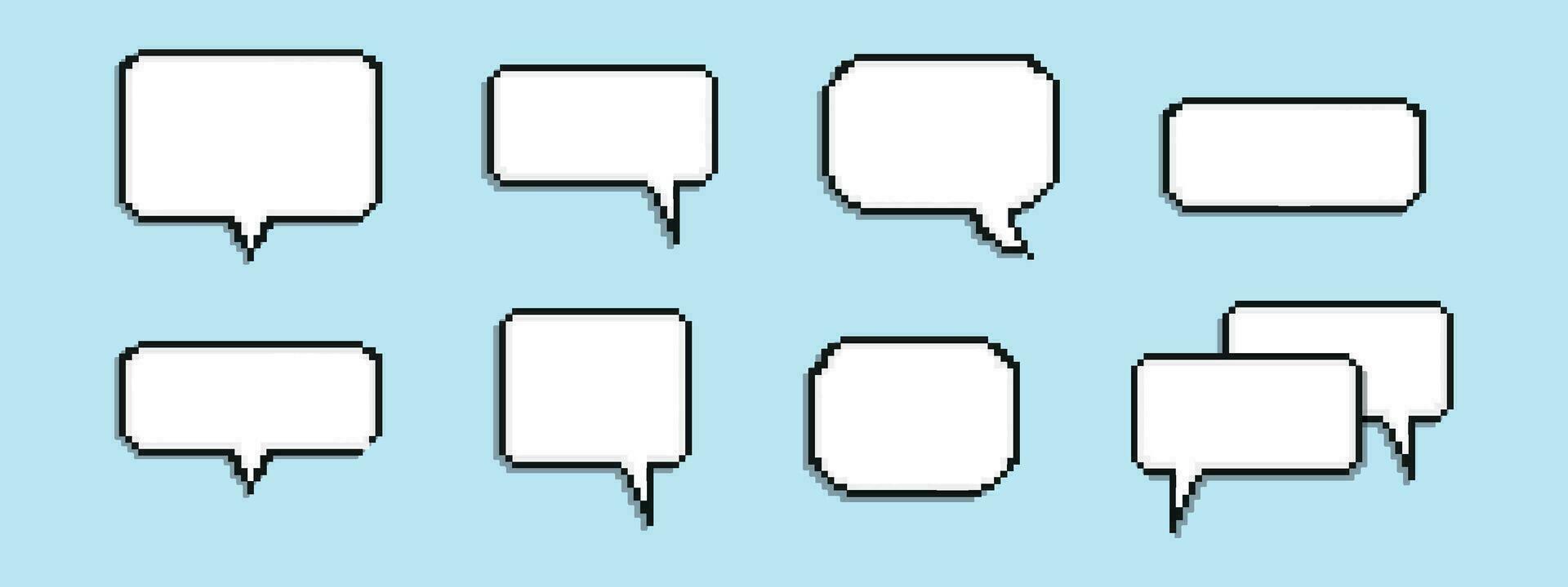 Pixel empty speech bubble. Chat speech. Communication box. Dialog cloud. 8-bit. Game development. Vector illustration on a blue background