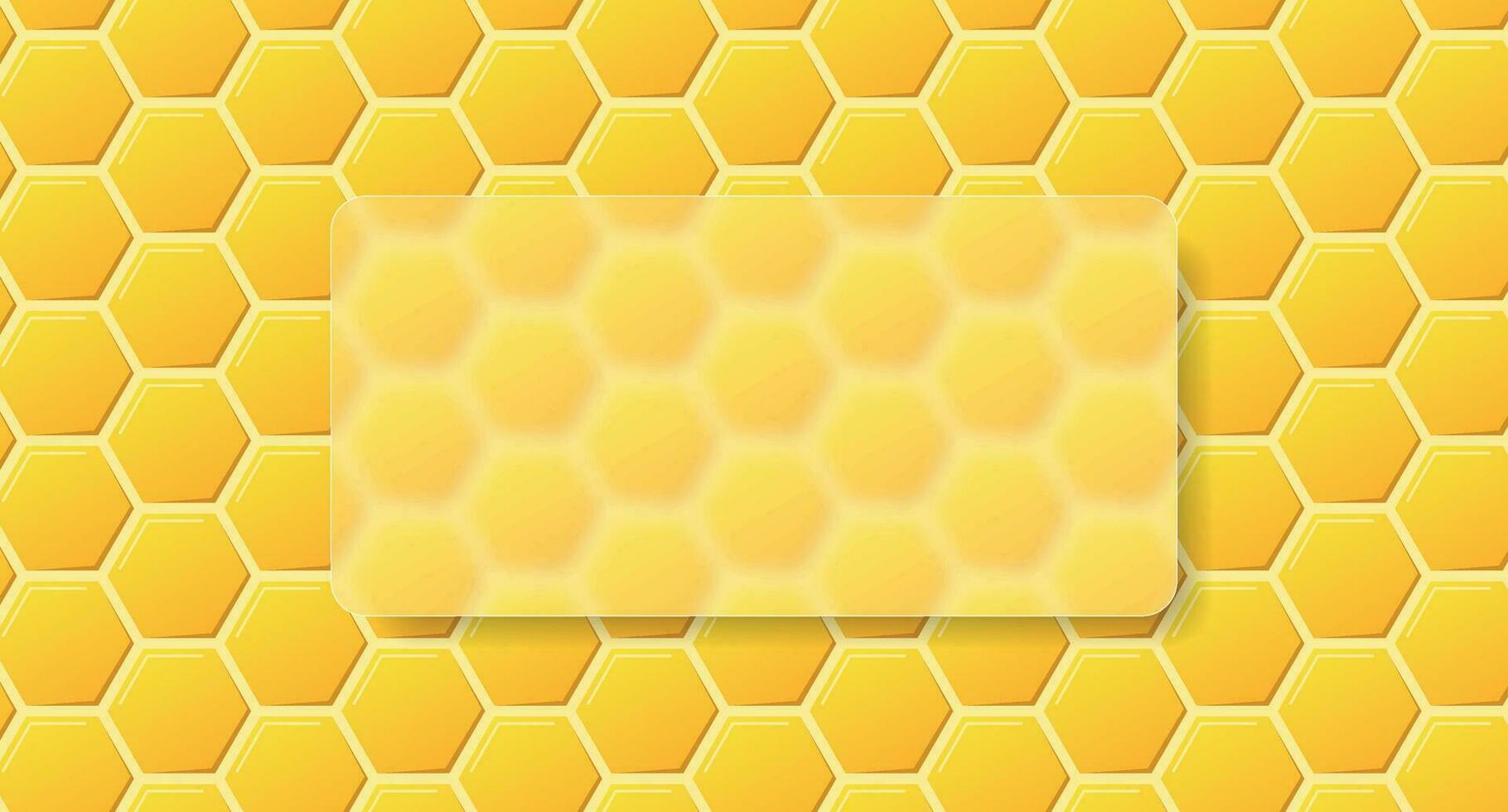 Glassmorphism background banner with transparent glass frame. Honeycomb background with square blurry glass effect. Hexagonal honeycomb vector