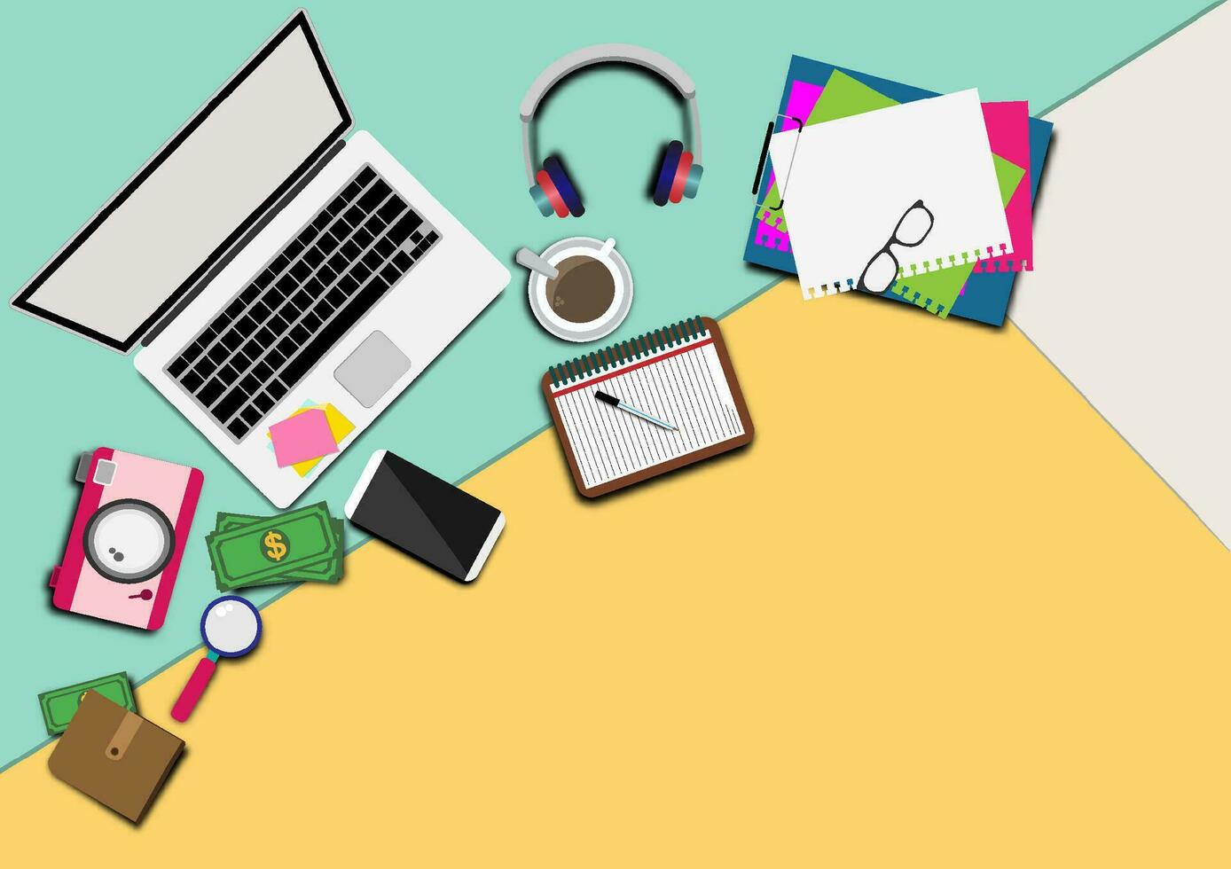 Top view modern work office with copy space.table with money,plant,coffee cup,smartphone, paper,notebook,pen and laptop copy space on background.Vector Workplace and flat lay design vector concept.