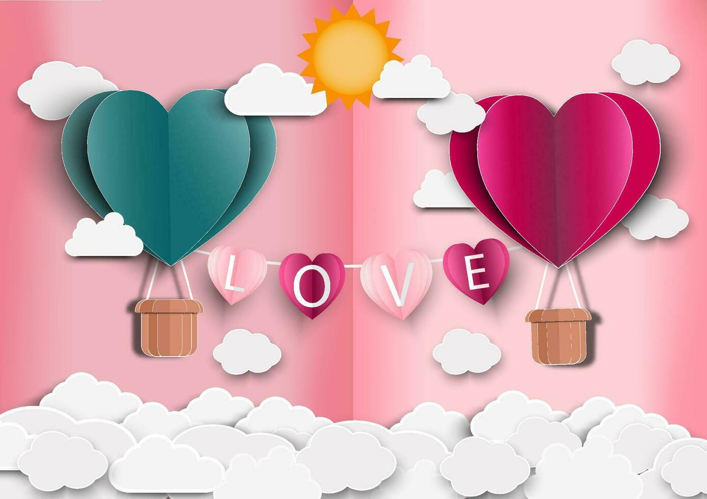 Paper art of love and Origami made air balloon heart shape flying .They are in the air with copy space. Mother's Day,Happy Women,Vector Valentine's Day and paper cut concept. vector