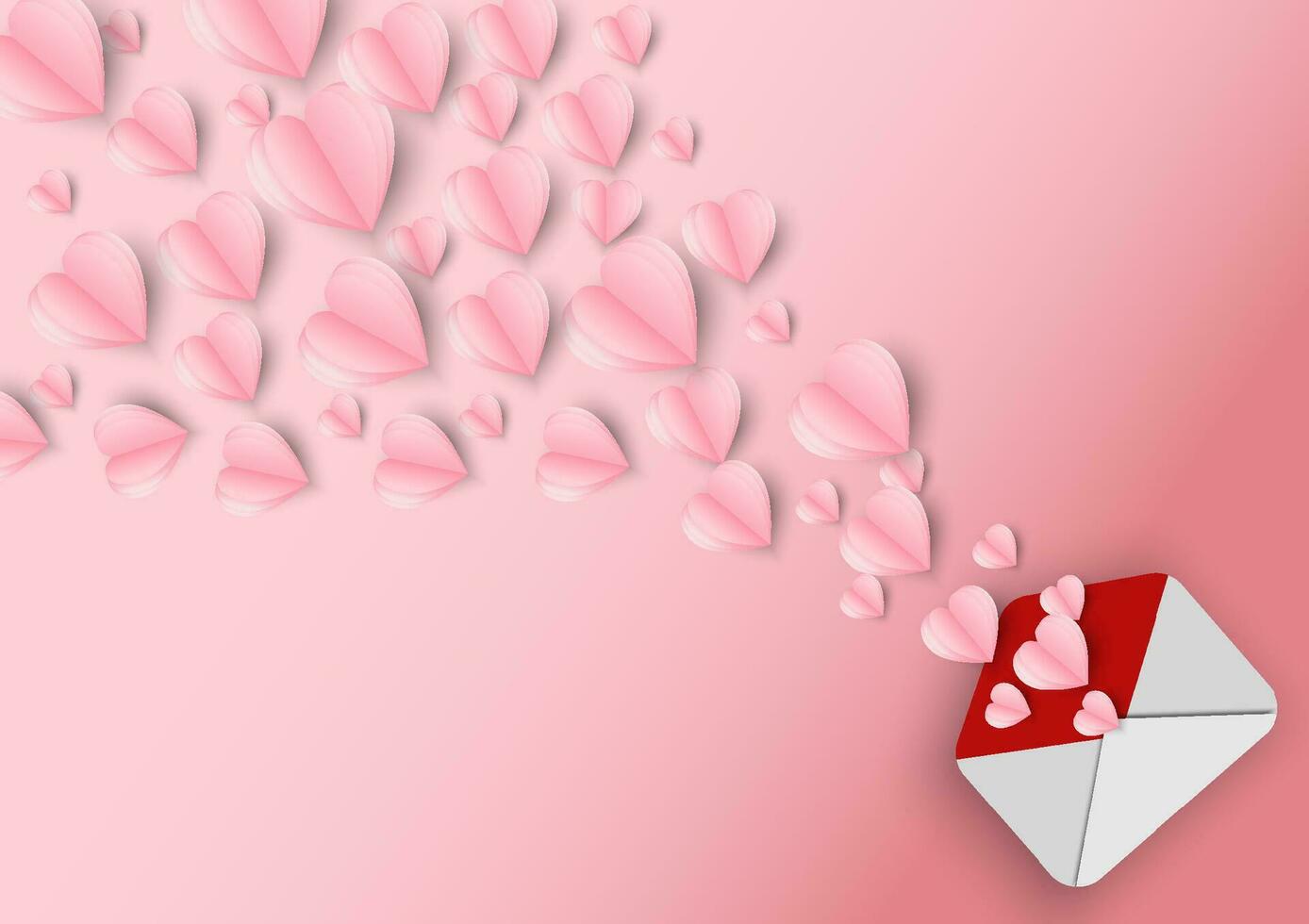 Valentines hearts and letter.Origami made paper heart flying out off letter.They are on pink background  Vector Valentine's Day and love vector concept.