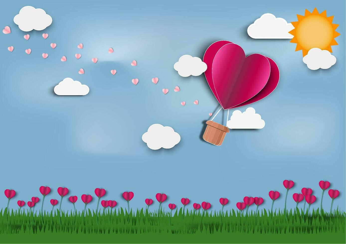Paper art of love and Origami made air balloon heart shape flying .They are in the air with copy space. Mother's Day,Happy Women,Vector Valentine's Day and paper cut concept. vector