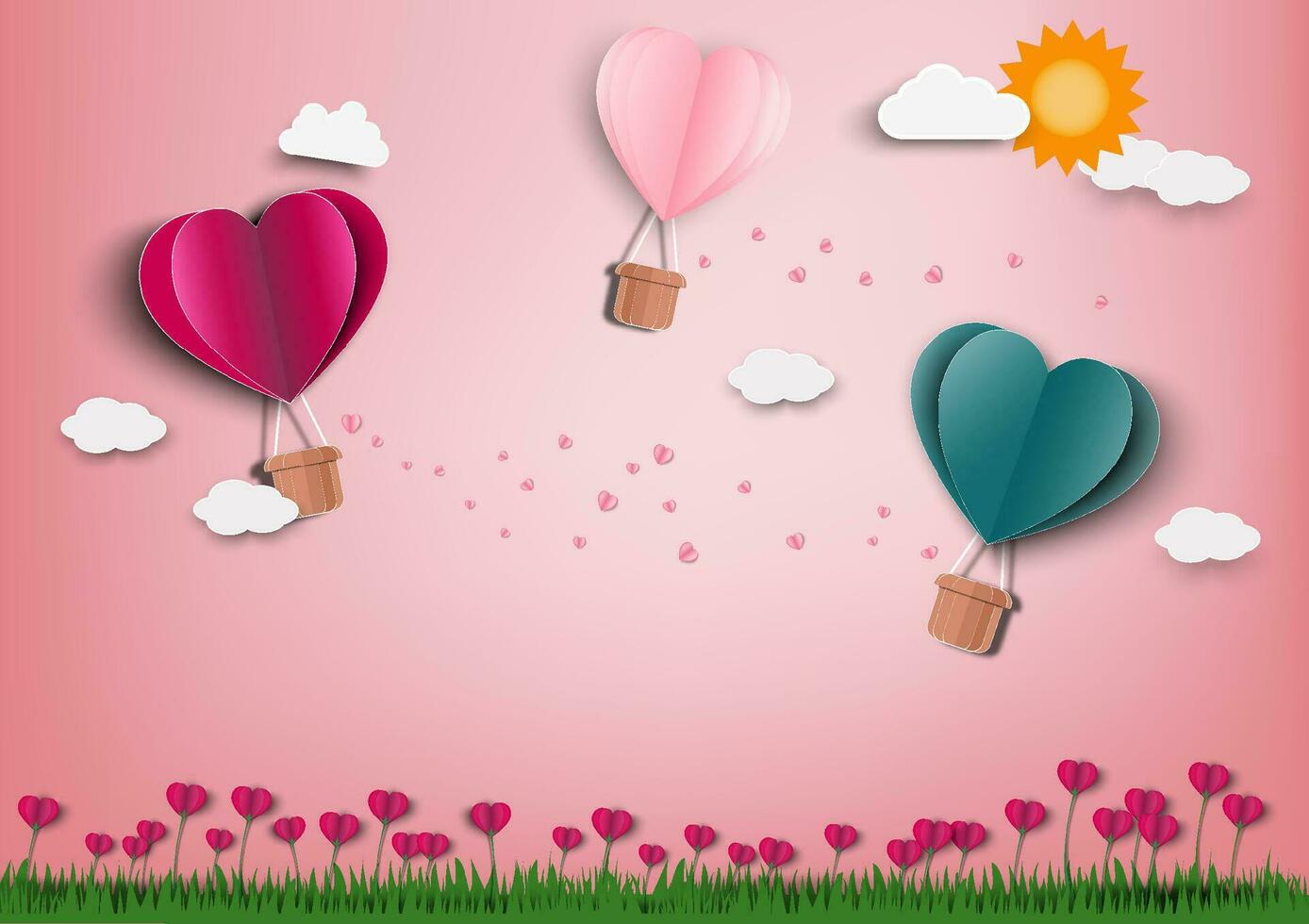 Paper art of love and Origami made air balloon heart shape flying .They are in the air with copy space. Mother's Day,Happy Women,Vector Valentine's Day and paper cut concept. vector