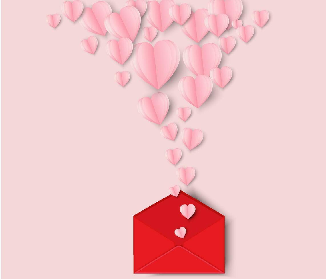 Valentines hearts and letter.Origami made paper heart flying out off letter.They are on pink background  Vector Valentine's Day and love vector concept.