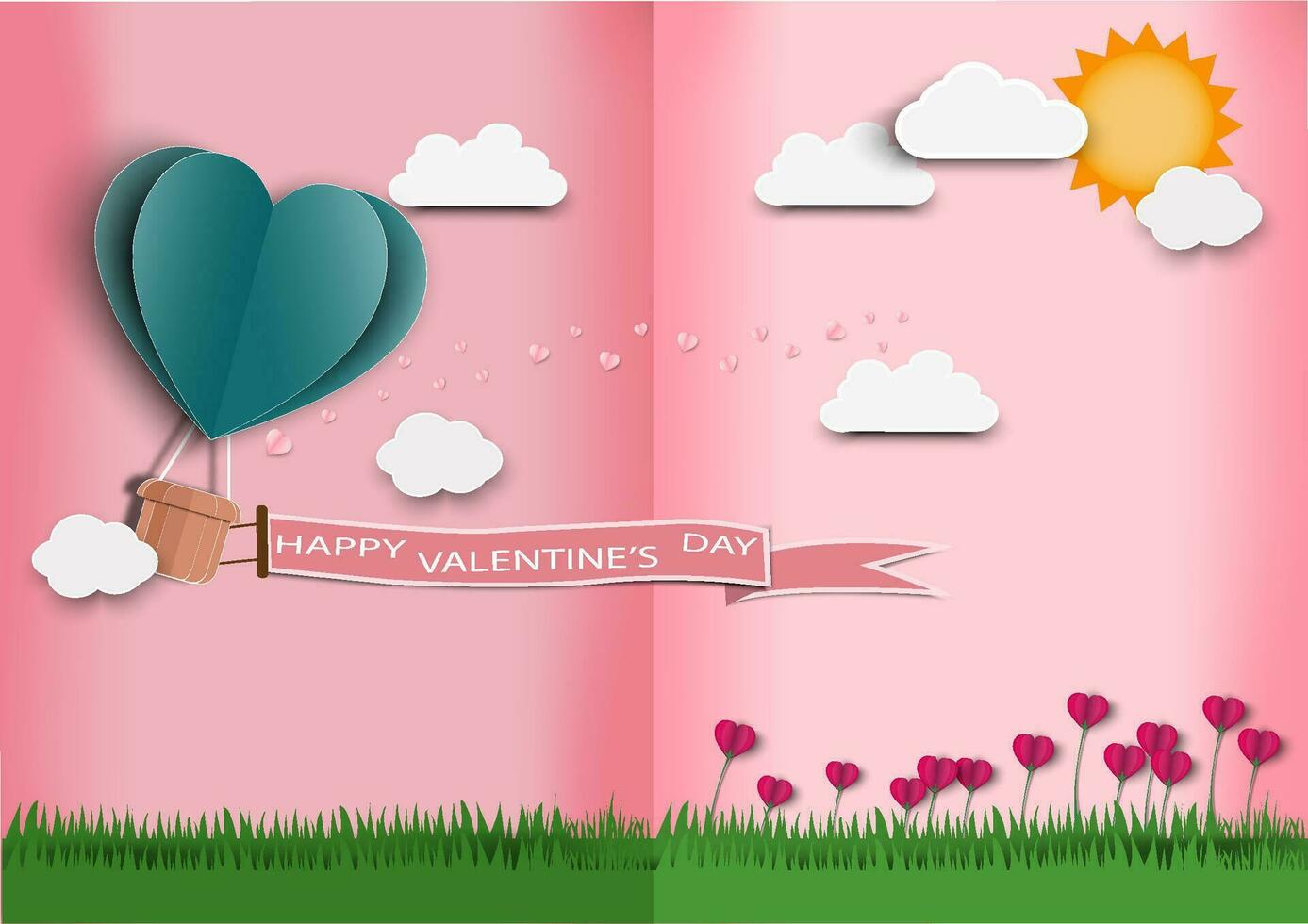 Paper art of love and Origami made air balloon heart shape flying .They are in the air with copy space. Mother's Day,Happy Women,Vector Valentine's Day and paper cut concept. vector