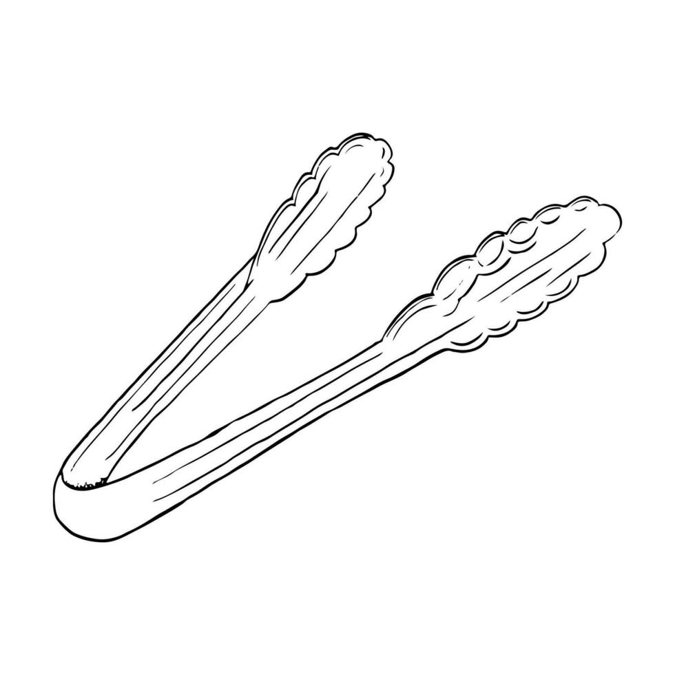 Simple vector steel tongs for ice, grilled meat, cake, pastry and bartending line illustration. Buffet serving tongs for cooking and kitchen