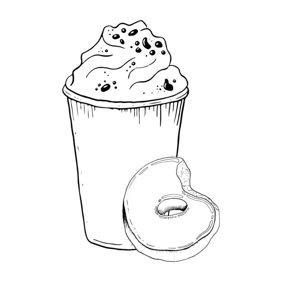 Vector milkshake with whipped cream, chocolate chips and bitten glazed donut black and white graphic illustration. Cold summer drink and sweet delicious dessert