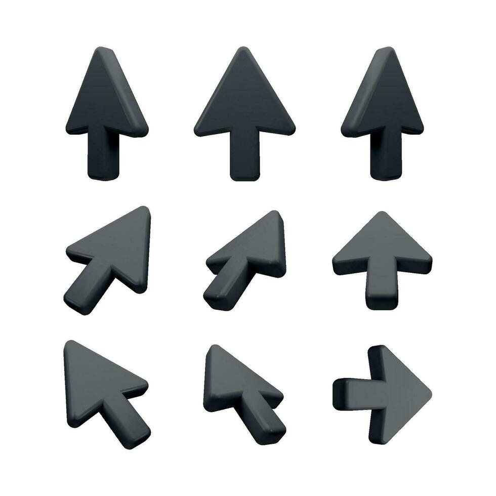 Stylish Black 3D Cursors Collection for User Interface and Graphic Design - featuring sleek arrow icons ideal for modern UI UX designs. vector
