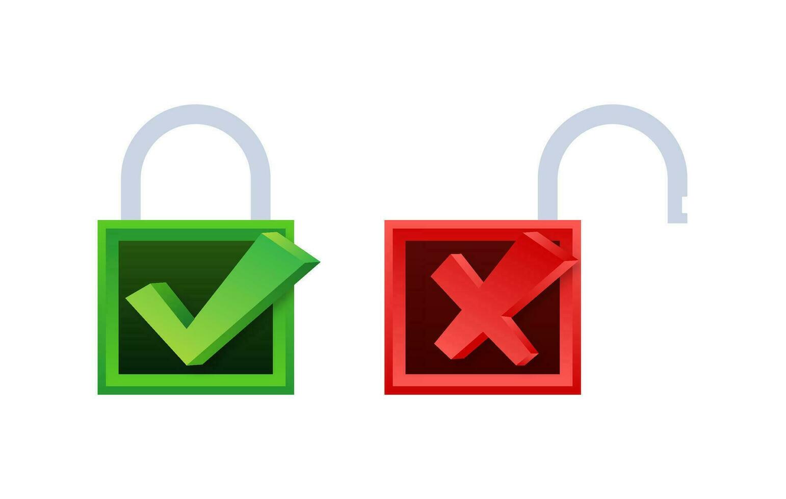 Lock and Unlock Symbols, Green Checkmark and Red Cross in Squares, Security Access Concept Vector Illustration