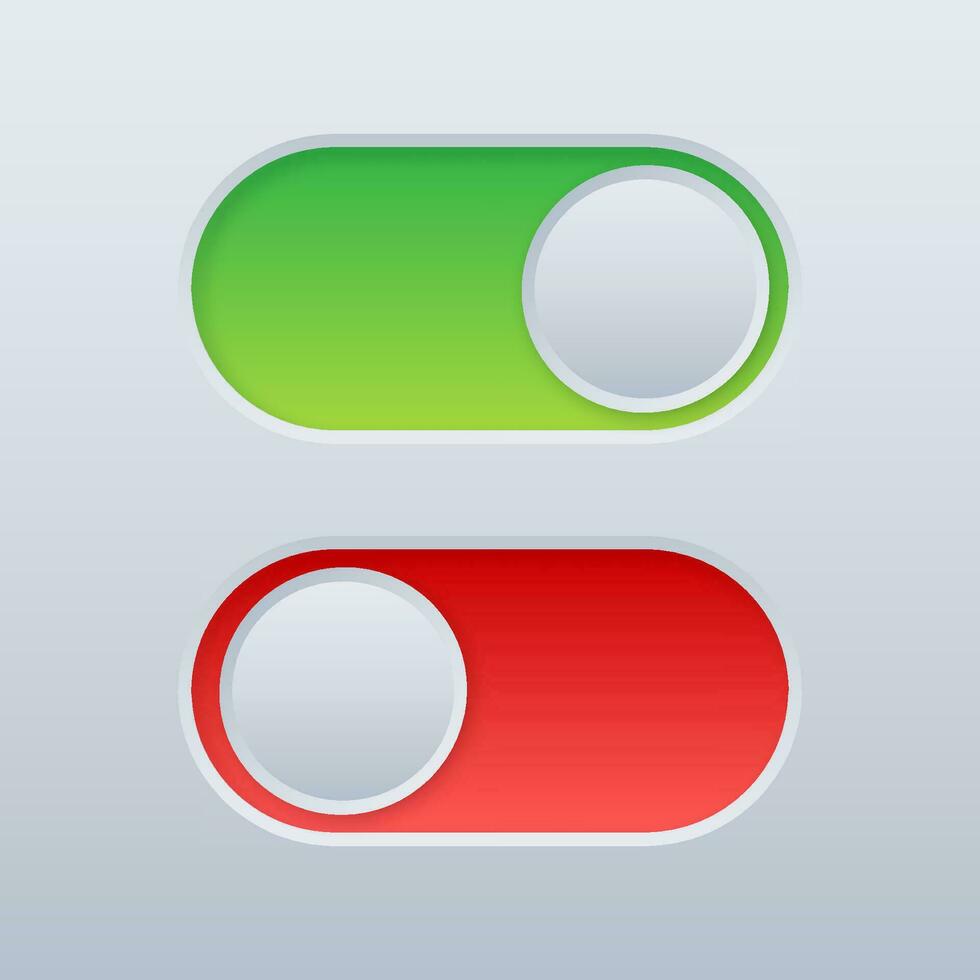 Green and Red Slider Toggle Buttons in a Glossy Design for User Interface, On and Off Switch. Vector Illustration