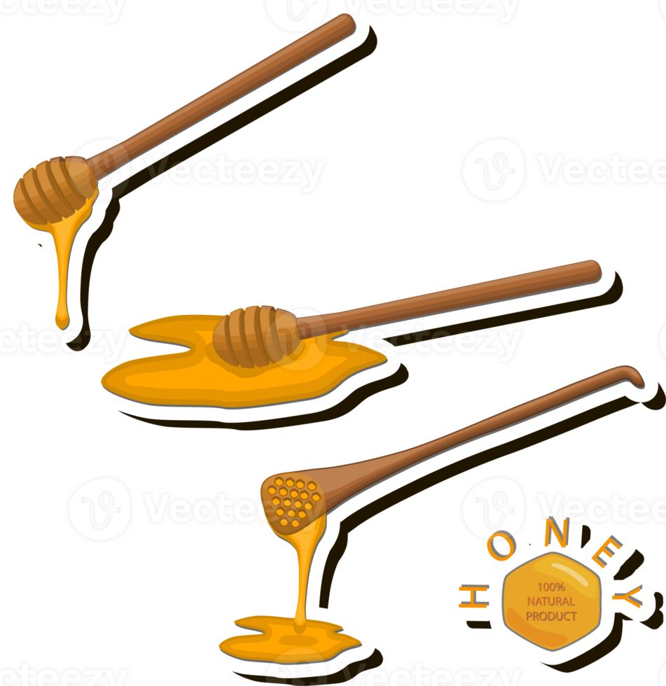 Illustration on theme sugary flowing down honey in honeycomb with bee png