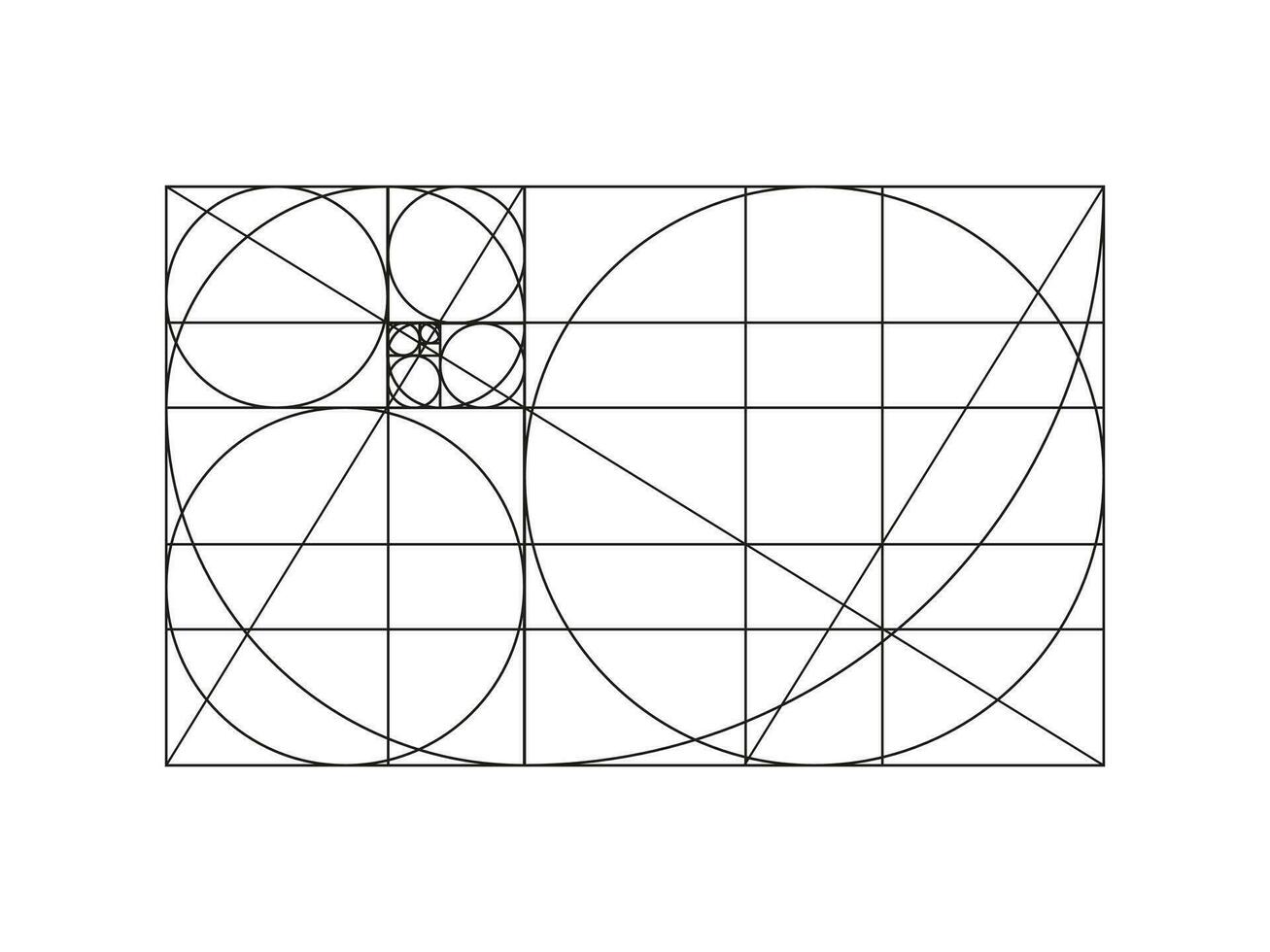 Golden ratio template. Method golden section frame. Fibonacci array, numbers. Harmony proportions grid. Outline vector graphic illustration.