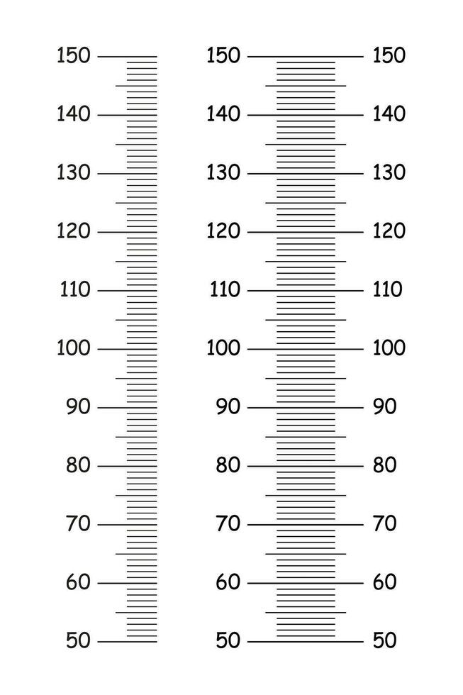 Set of kids height charts from 50 to 150 centimeters. Templates for wall growth sticker isolated on a white background. Meter wall or growth ruler. Simple graphic collection. Vector illustration. Eps.