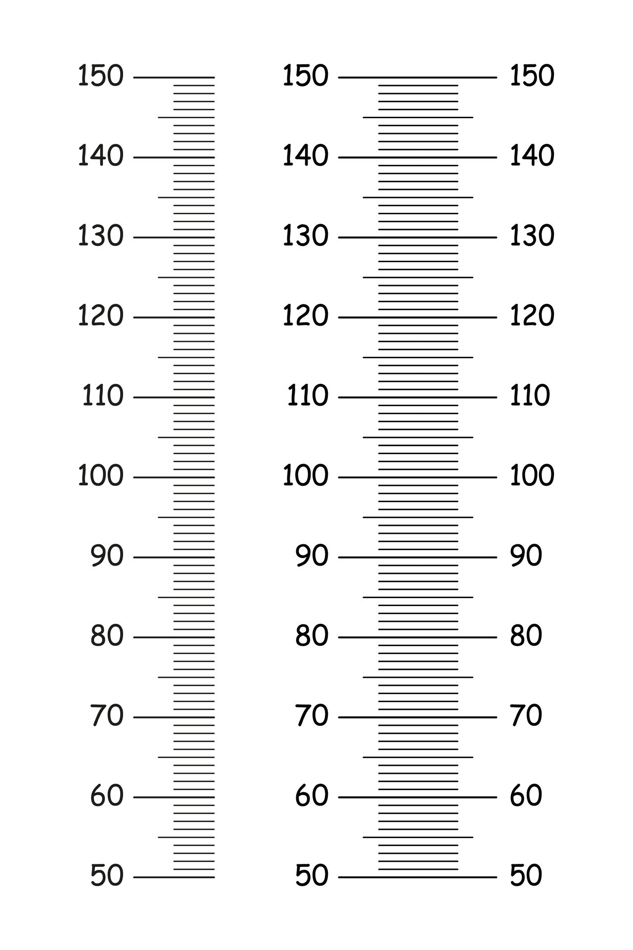 Set of kids height charts from 50 to 150 centimeters. Templates for