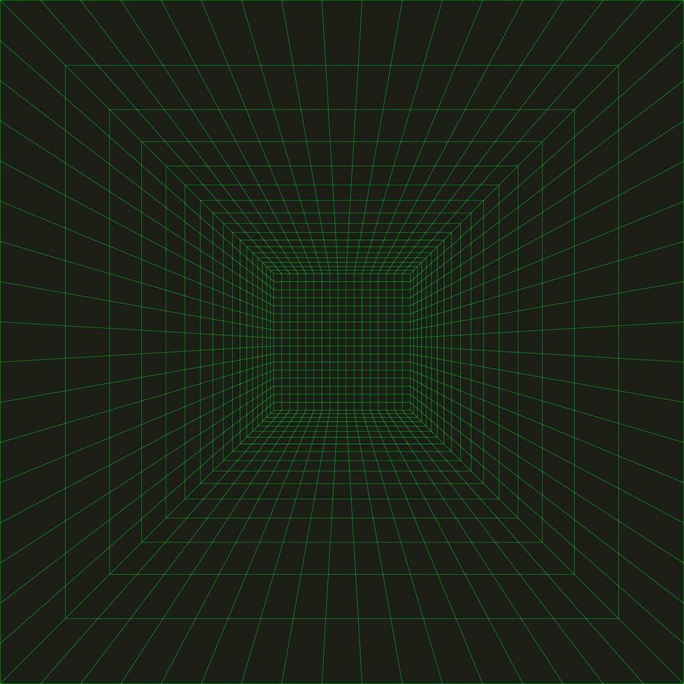 3d wireframe grid room in perspective. Cyberspace with green laser beams or green mesh on a black background. Simple futuristic digital hallway space mockup, template interior square, virtual reality. vector