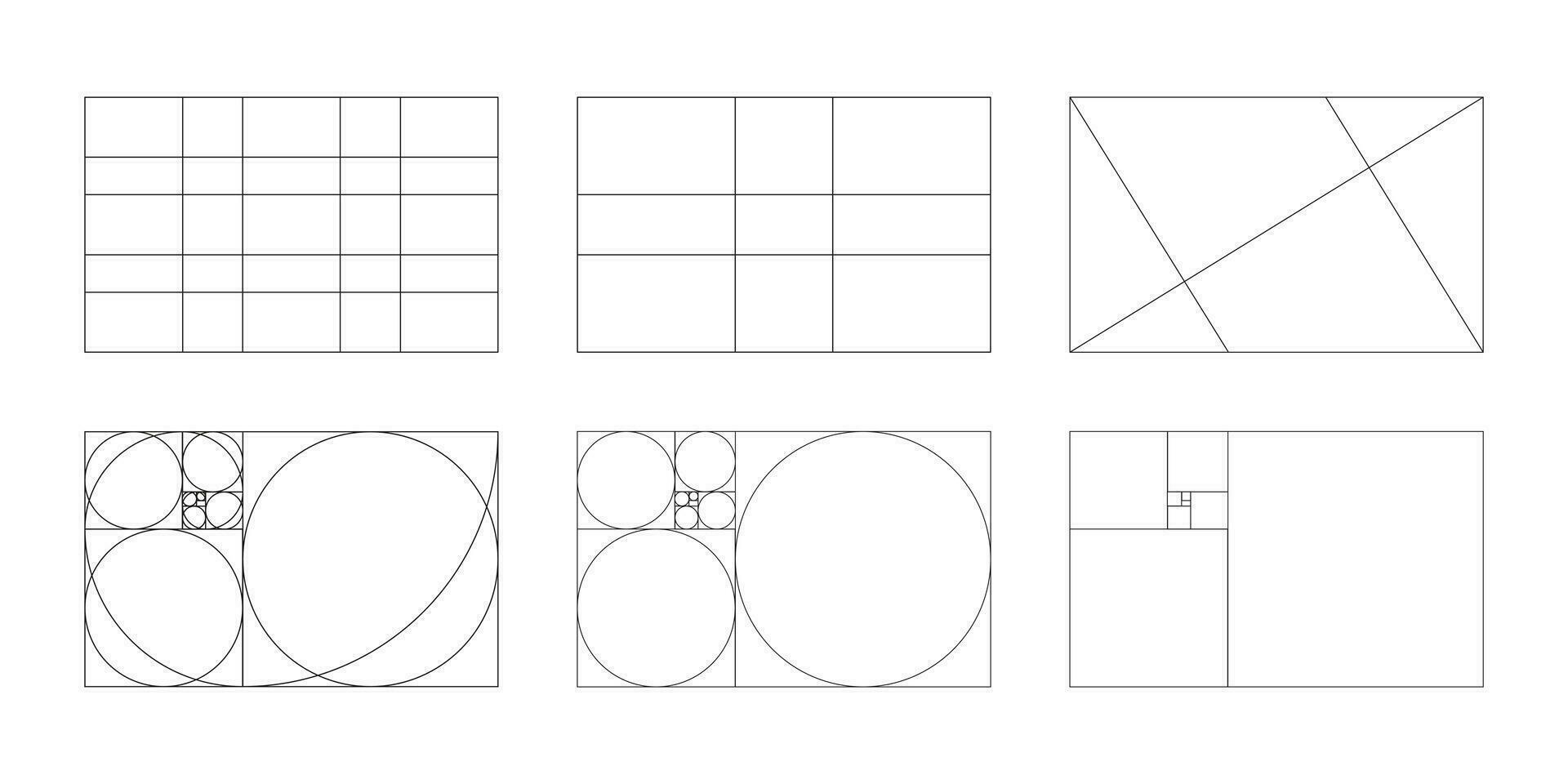 Golden ratio template set. Method golden section grids. Fibonacci array, numbers icons. Harmony proportions frames. Vector graphic illustration. Eps.