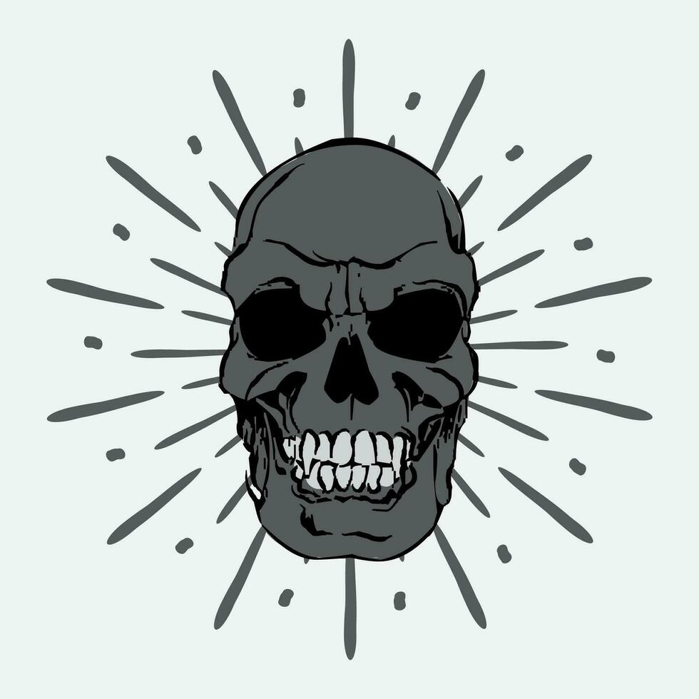 hand drawn skull illustration vector design on sunburst background