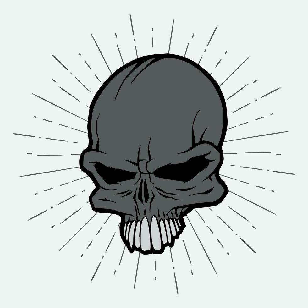 hand drawn skull illustration vector design on sunburst background