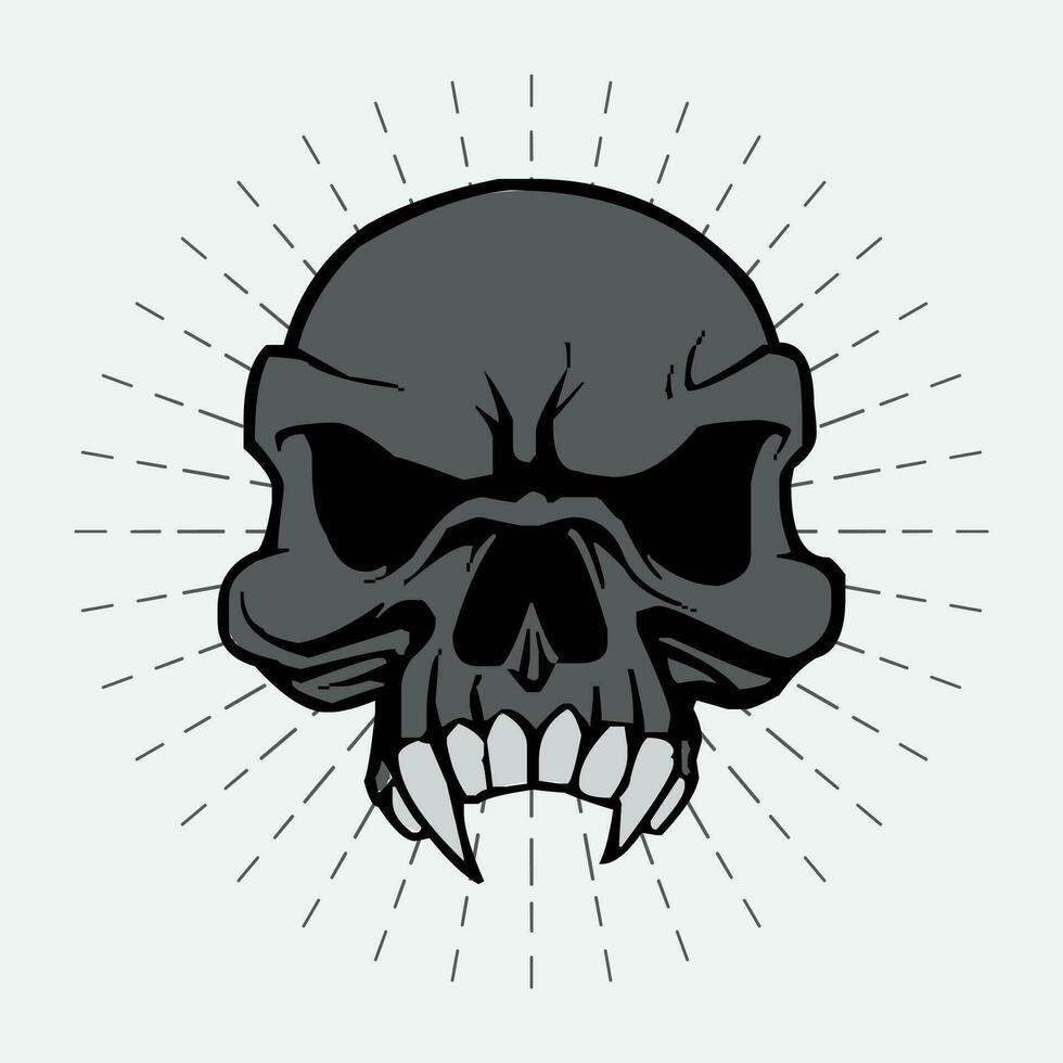 hand drawn skull illustration vector design on sunburst background