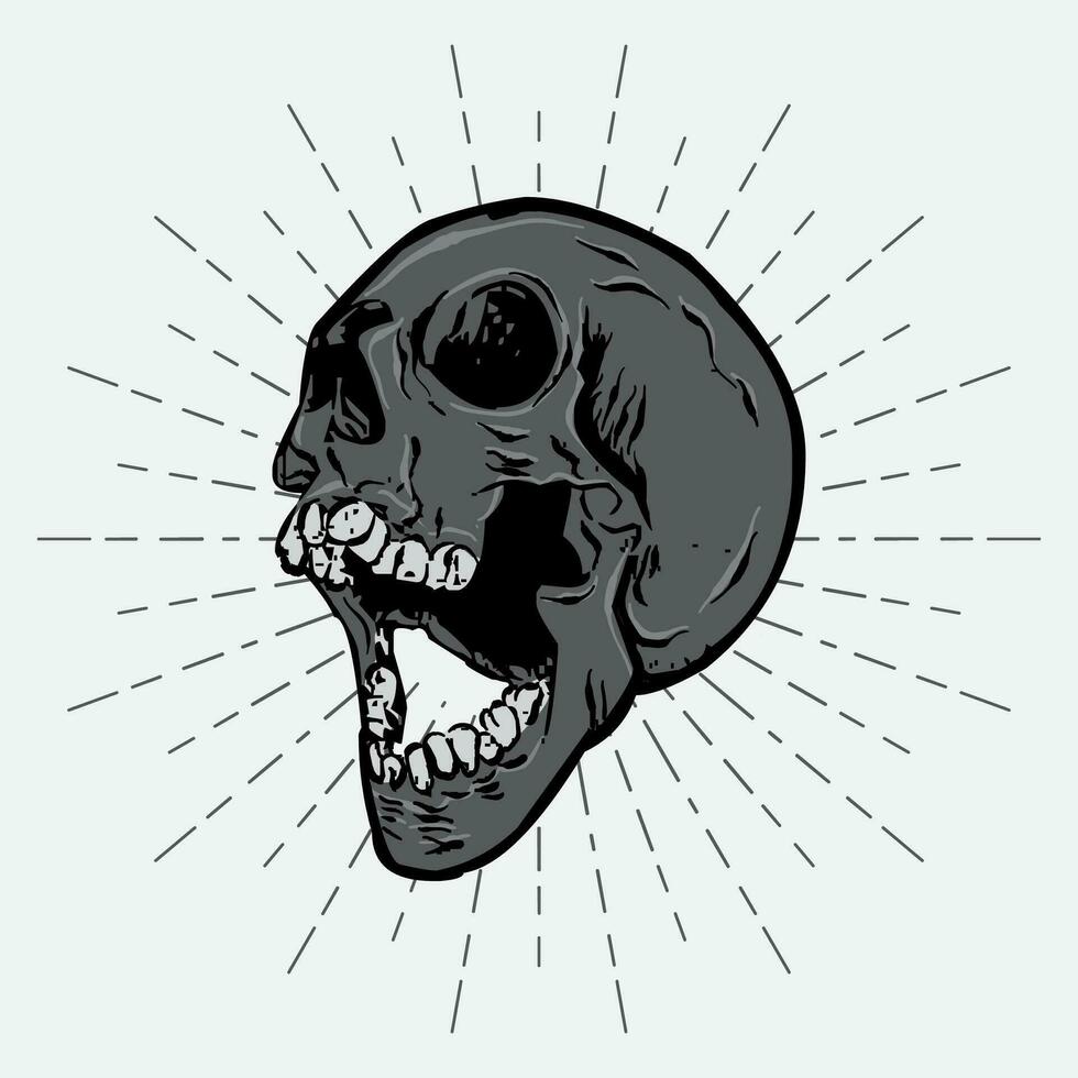 hand drawn skull illustration vector design on sunburst background