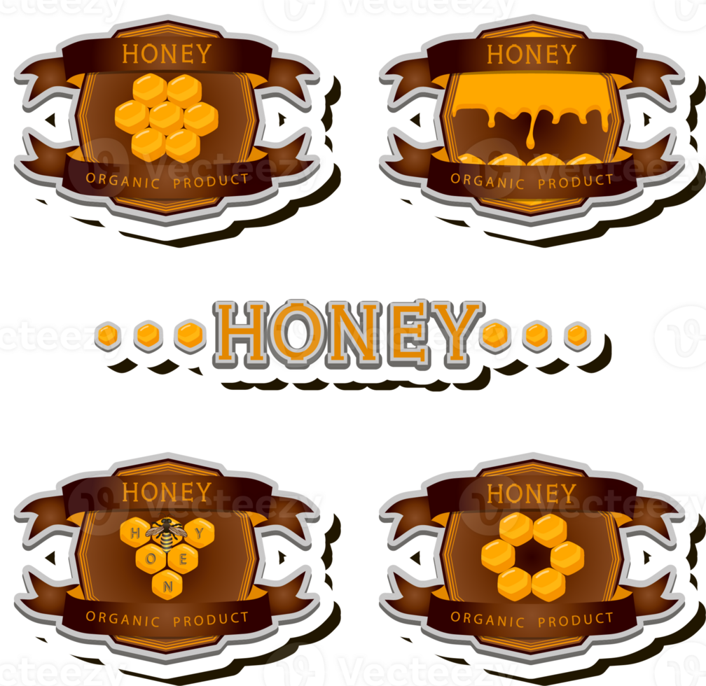 Illustration on theme for label of sugary flowing down honey in honeycomb with bee png