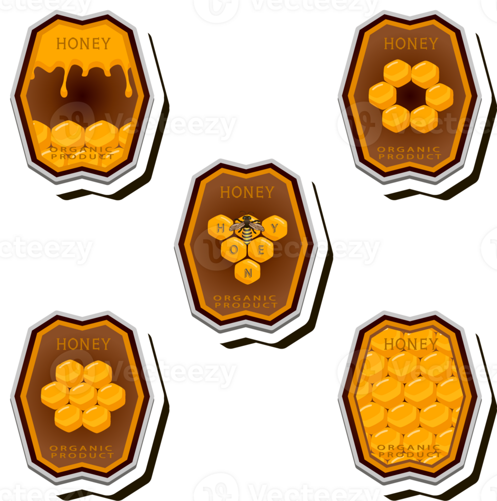 Illustration on theme for label of sugary flowing down honey in honeycomb with bee png