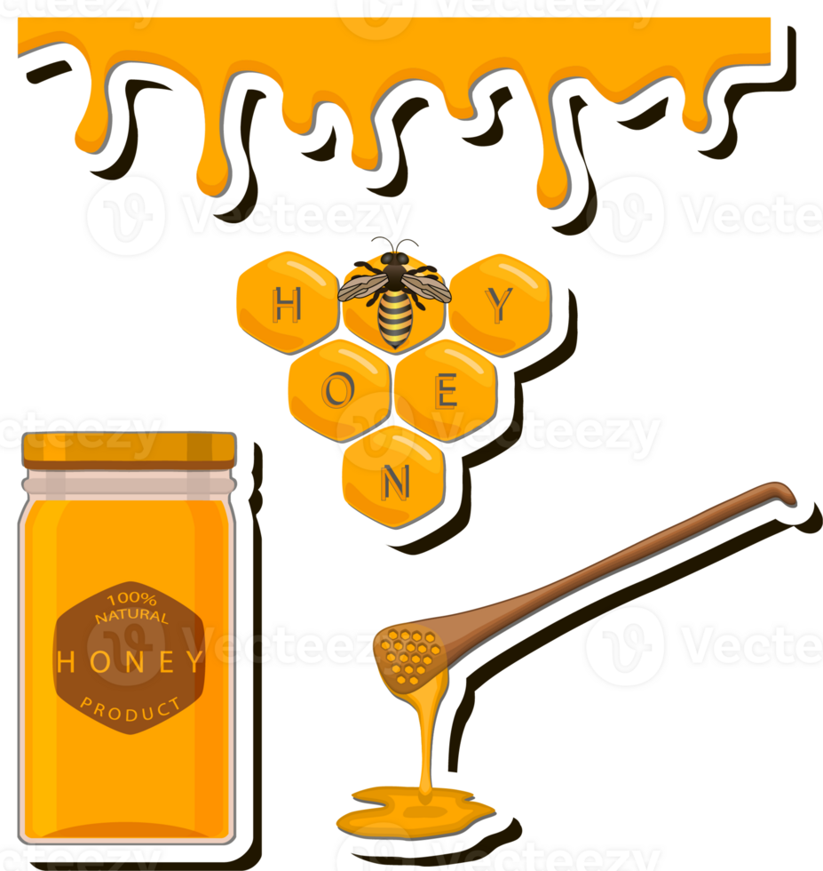 Illustration on theme sugary flowing down honey in honeycomb with bee png