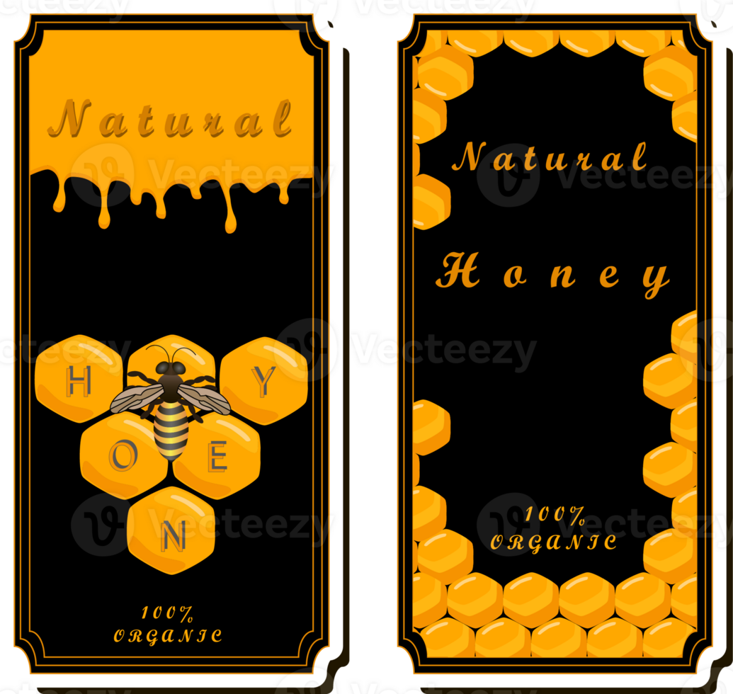 Illustration on theme for label of sugary flowing down honey in honeycomb with bee png